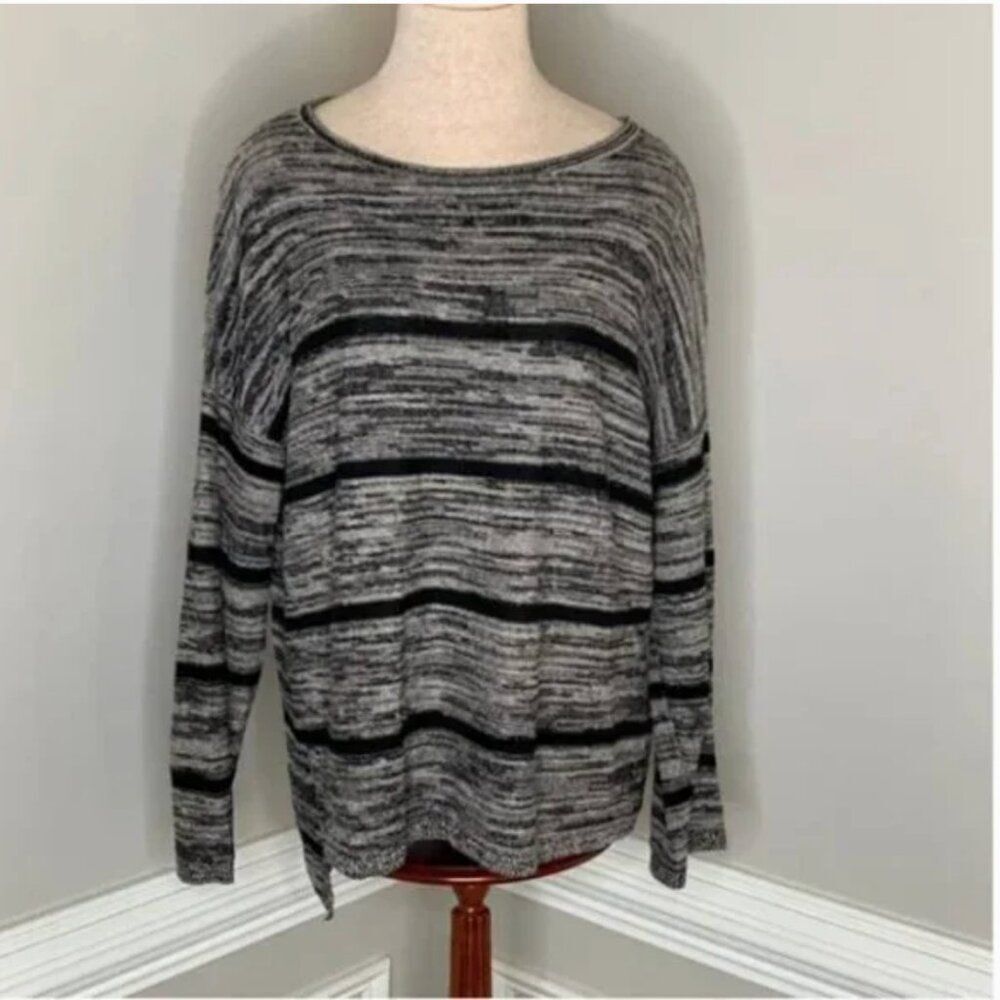 Eileen Fisher Linen Striped Bateau Sweater Black Size Large
